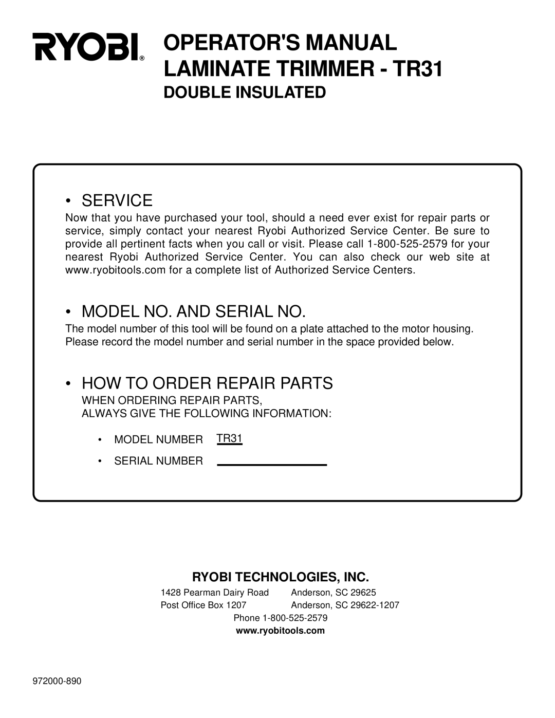 Ryobi specifications Operators Manual Laminate Trimmer TR31 