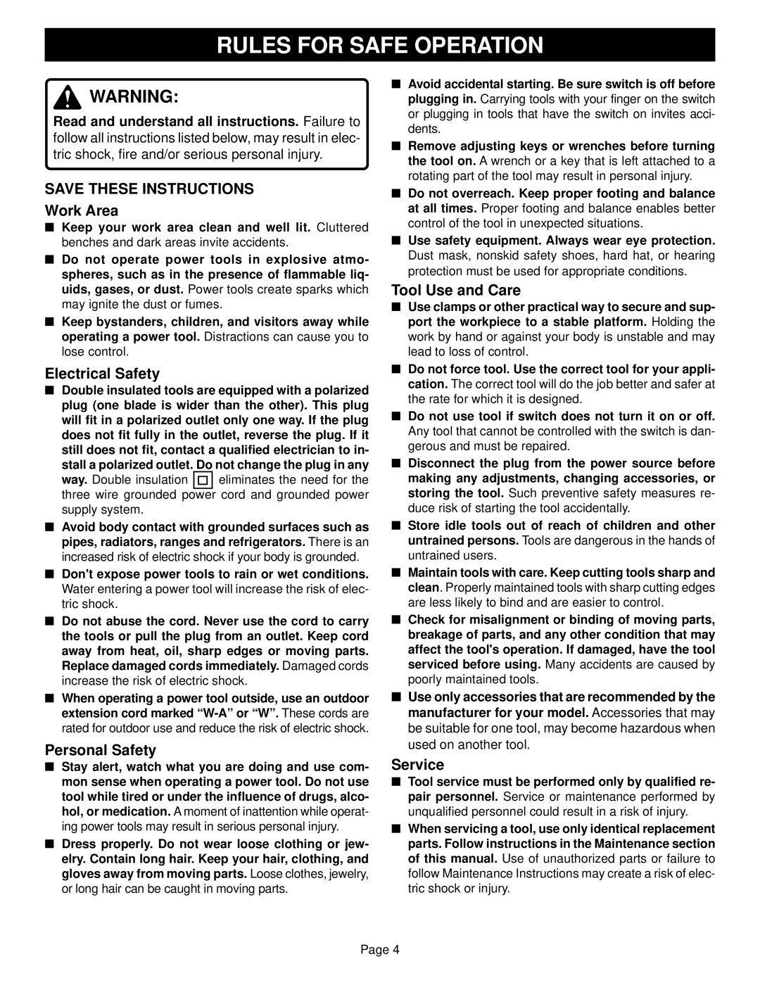 Ryobi TR31 specifications Work Area 