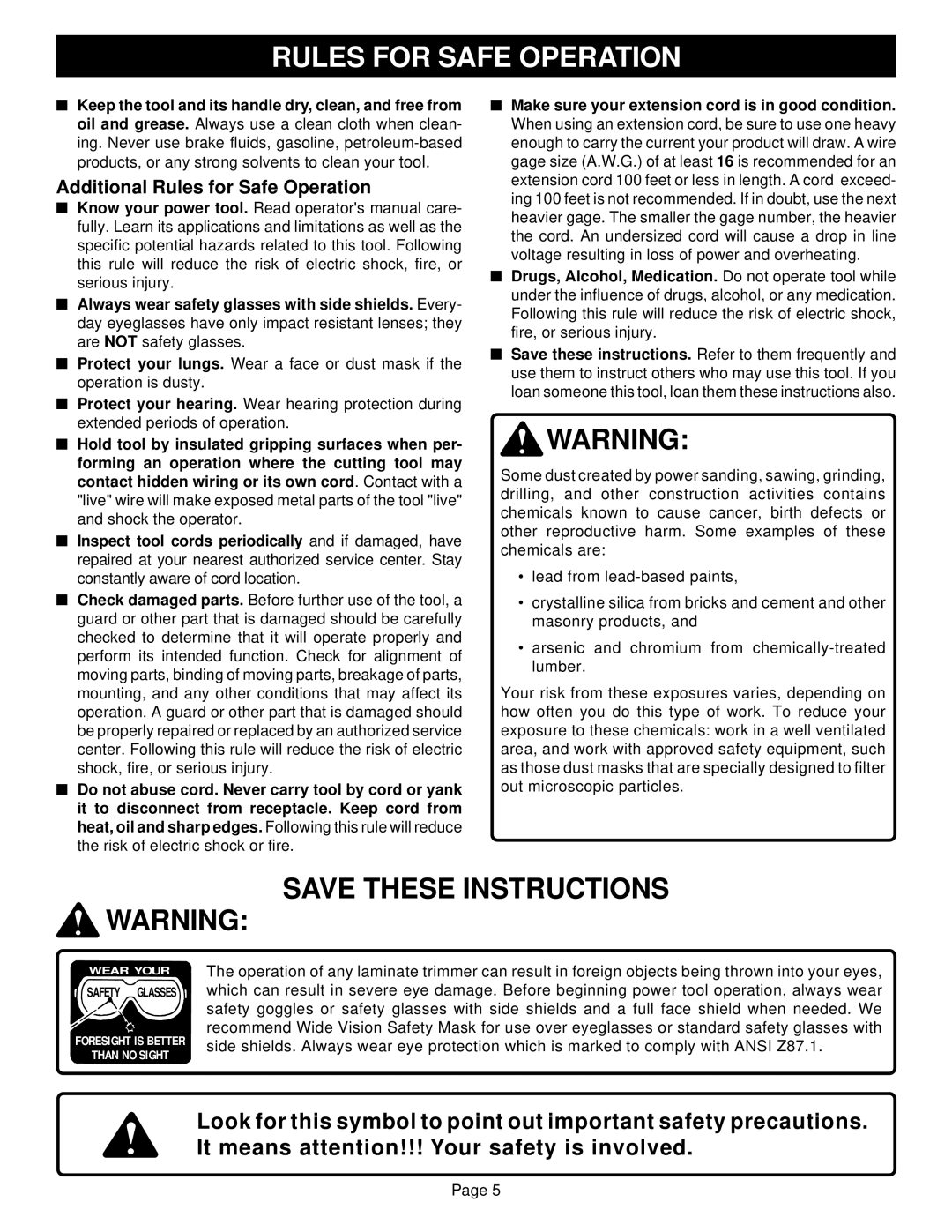 Ryobi TR31 specifications Additional Rules for Safe Operation 