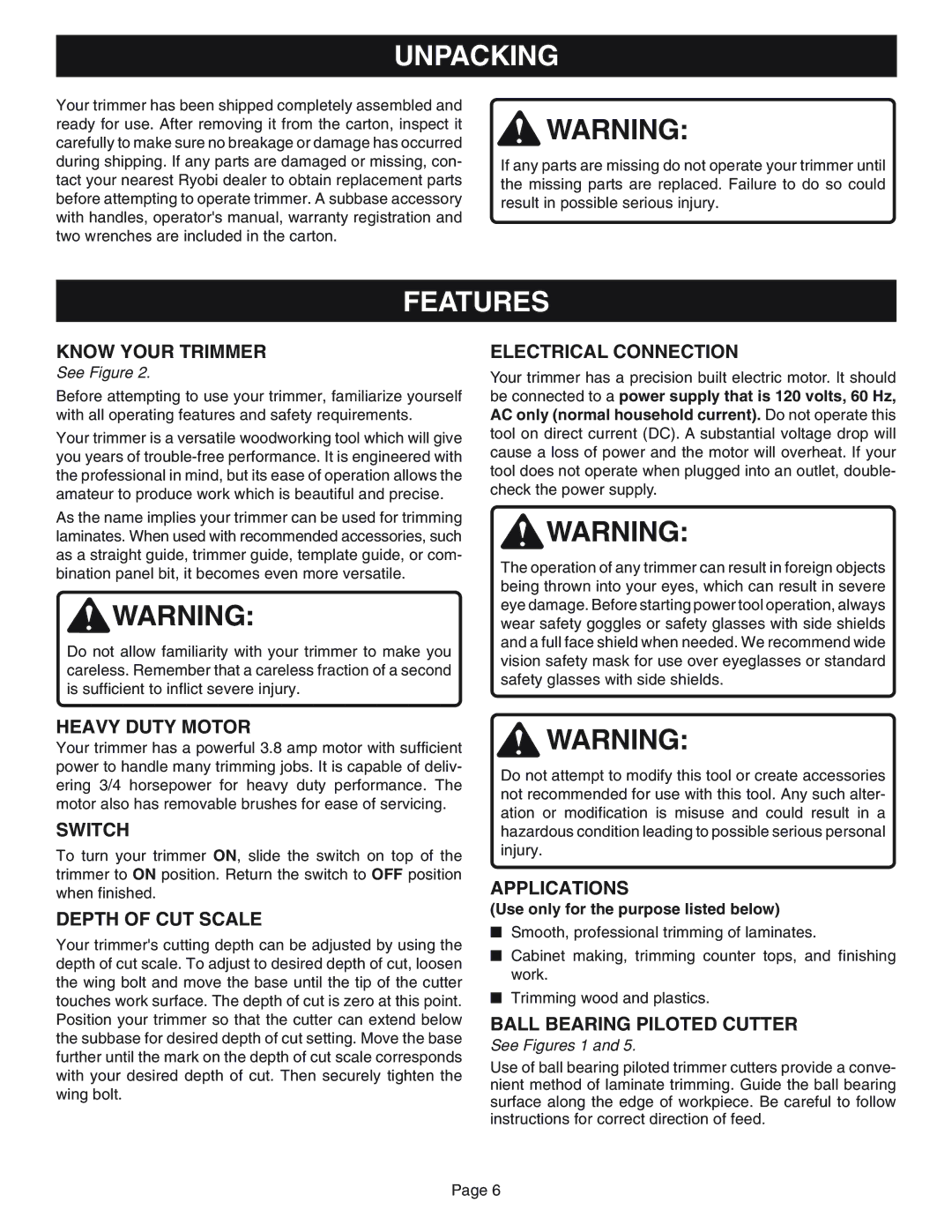 Ryobi TR31 specifications Unpacking, Features 