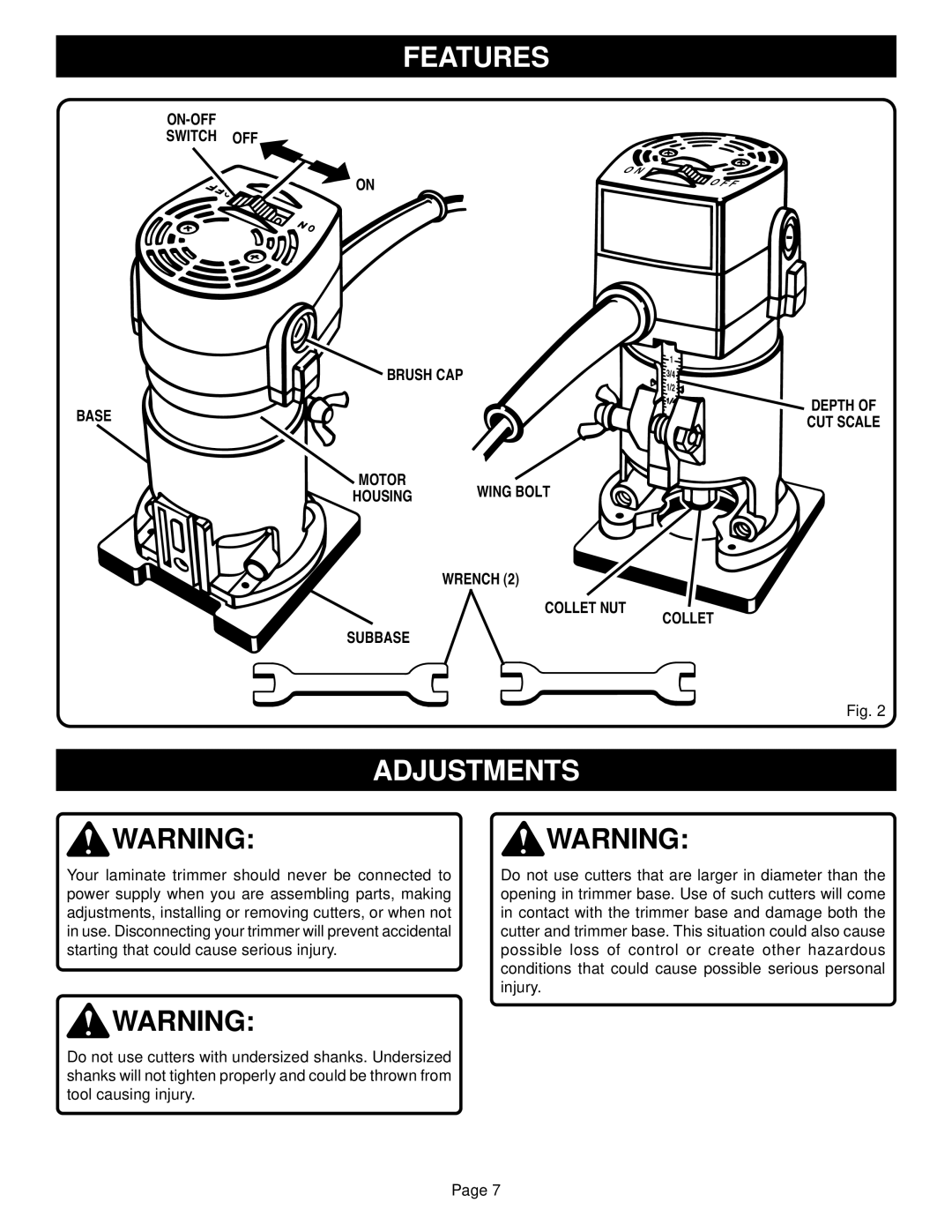 Ryobi TR31 specifications Adjustments, ON-OFF Switch OFF Brush CAP Base, Wrench Collet NUT Subbase 