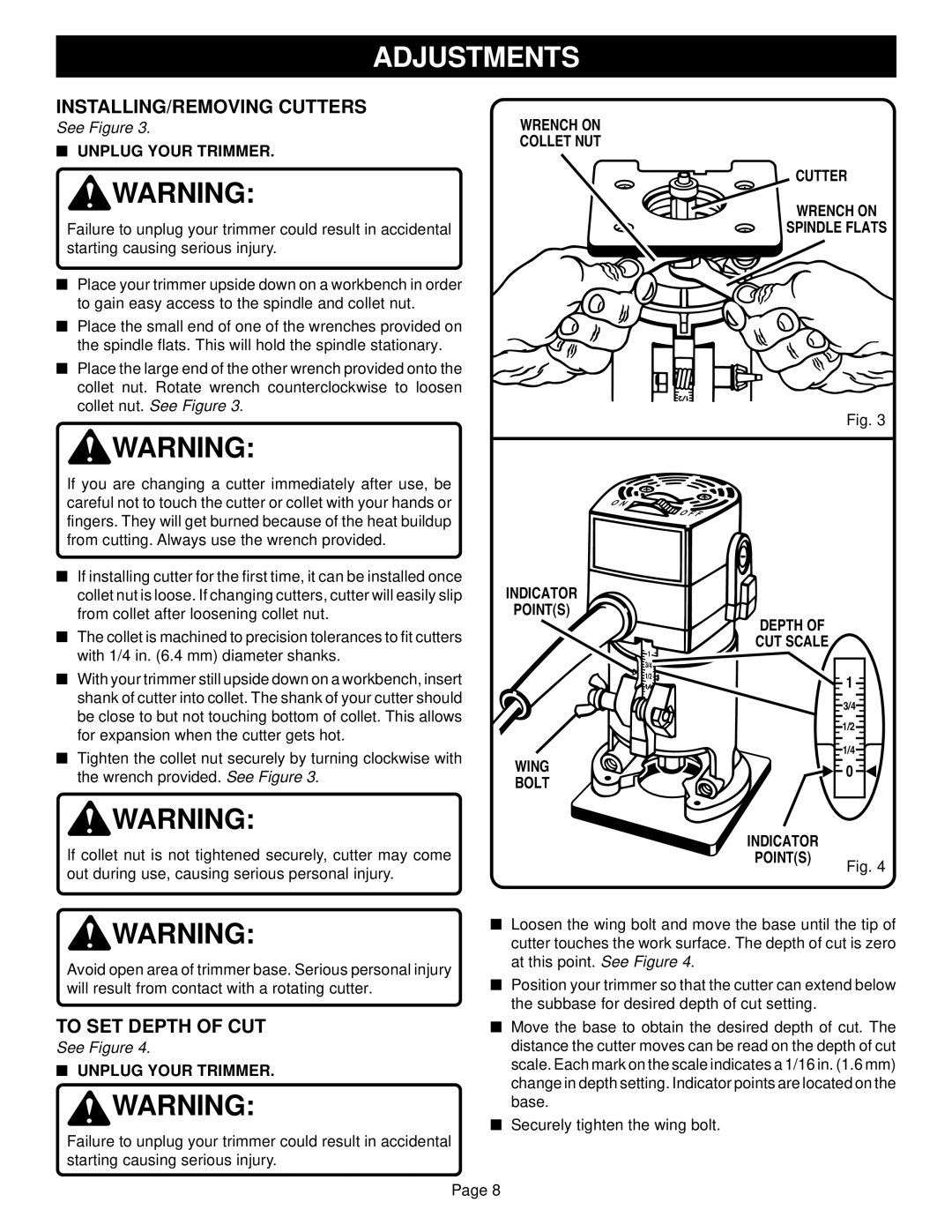 Ryobi TR31 specifications INSTALLING/REMOVING Cutters, To SET Depth of CUT, Unplug Your Trimmer, Wing Bolt Indicator Points 