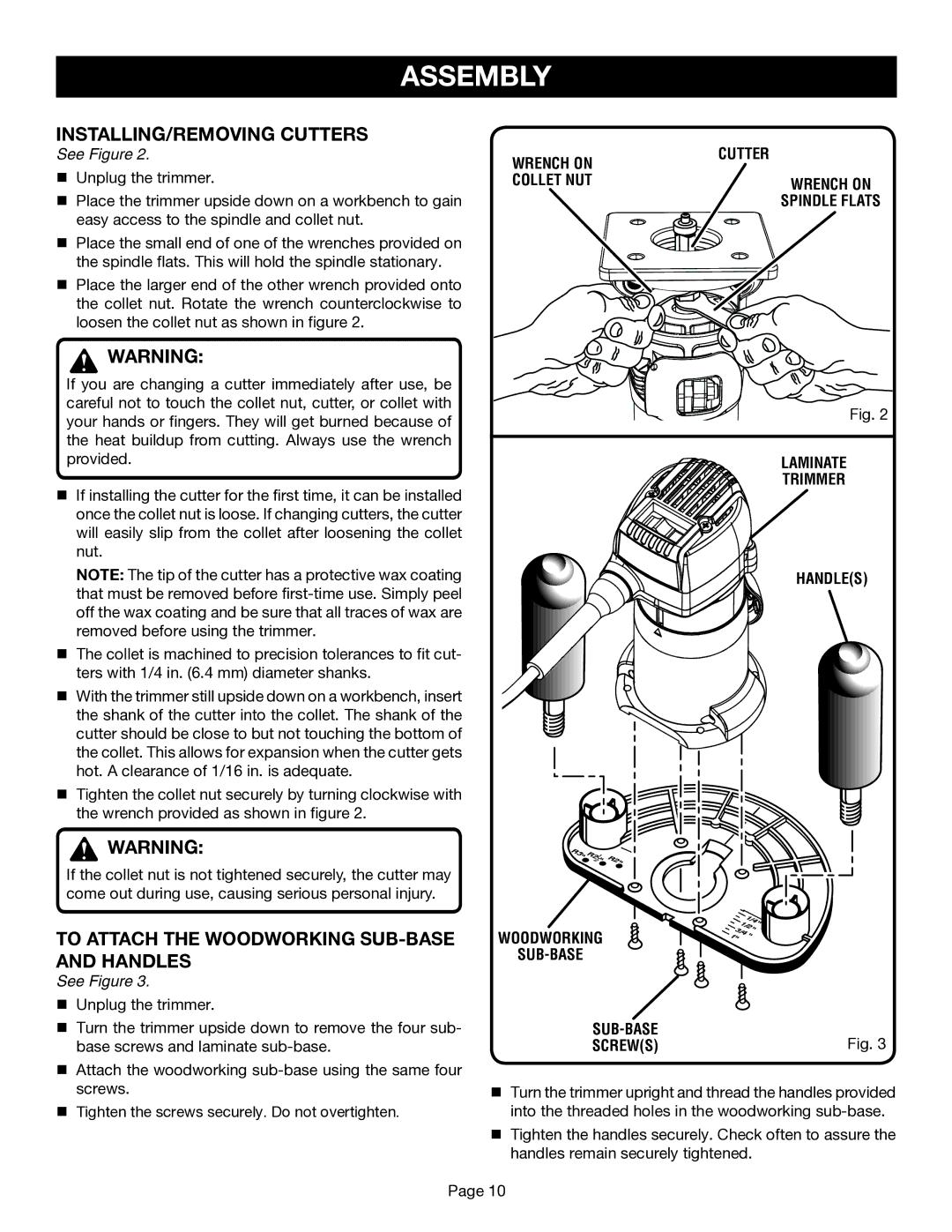 Ryobi TR45 manual INSTALLING/REMOVING Cutters, To Attach the Woodworking SUB-BASE and Handles, Wrench on Cutter Collet NUT 