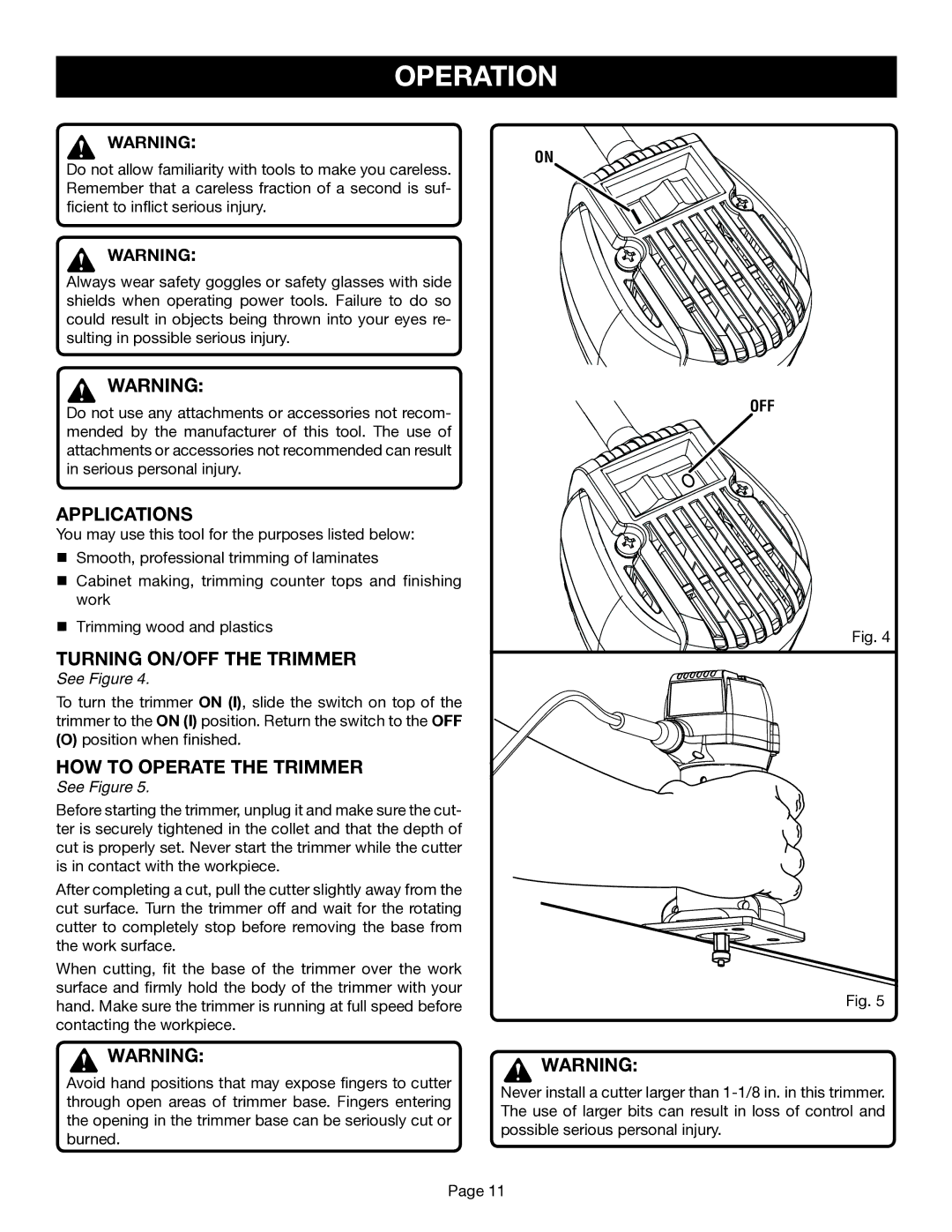 Ryobi TR45 manual Operation, Applications, Turning ON/OFF the Trimmer, HOW to Operate the Trimmer, Off 