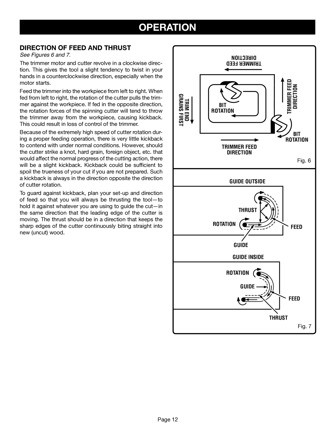 Ryobi TR45 manual Direction of Feed and Thrust, Direction Feed Trimmer, Bit, Trimmer Feed Direction Guide Outside Thrust 