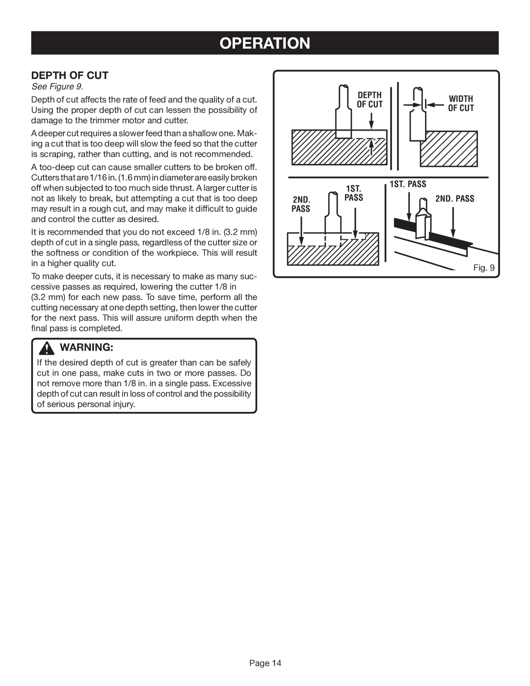 Ryobi TR45 manual Depth of CUT, Cut, 1ST. Pass 