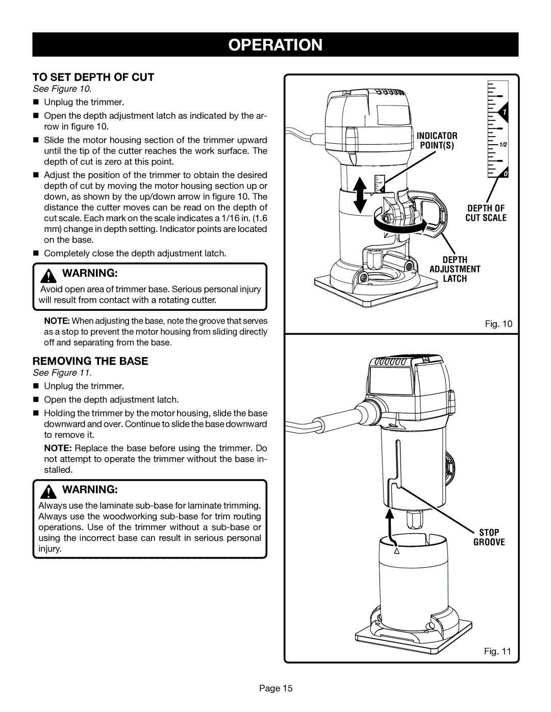 Ryobi TR45 manual To SET Depth of CUT, Removing the Base 