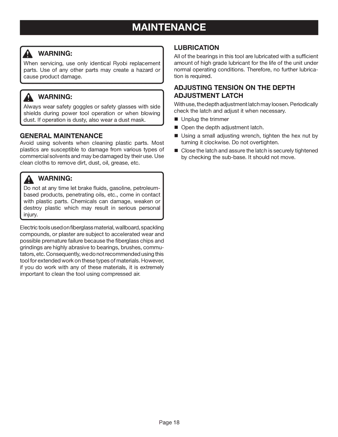 Ryobi TR45 manual General Maintenance, Lubrication, Adjusting Tension on the Depth Adjustment Latch 