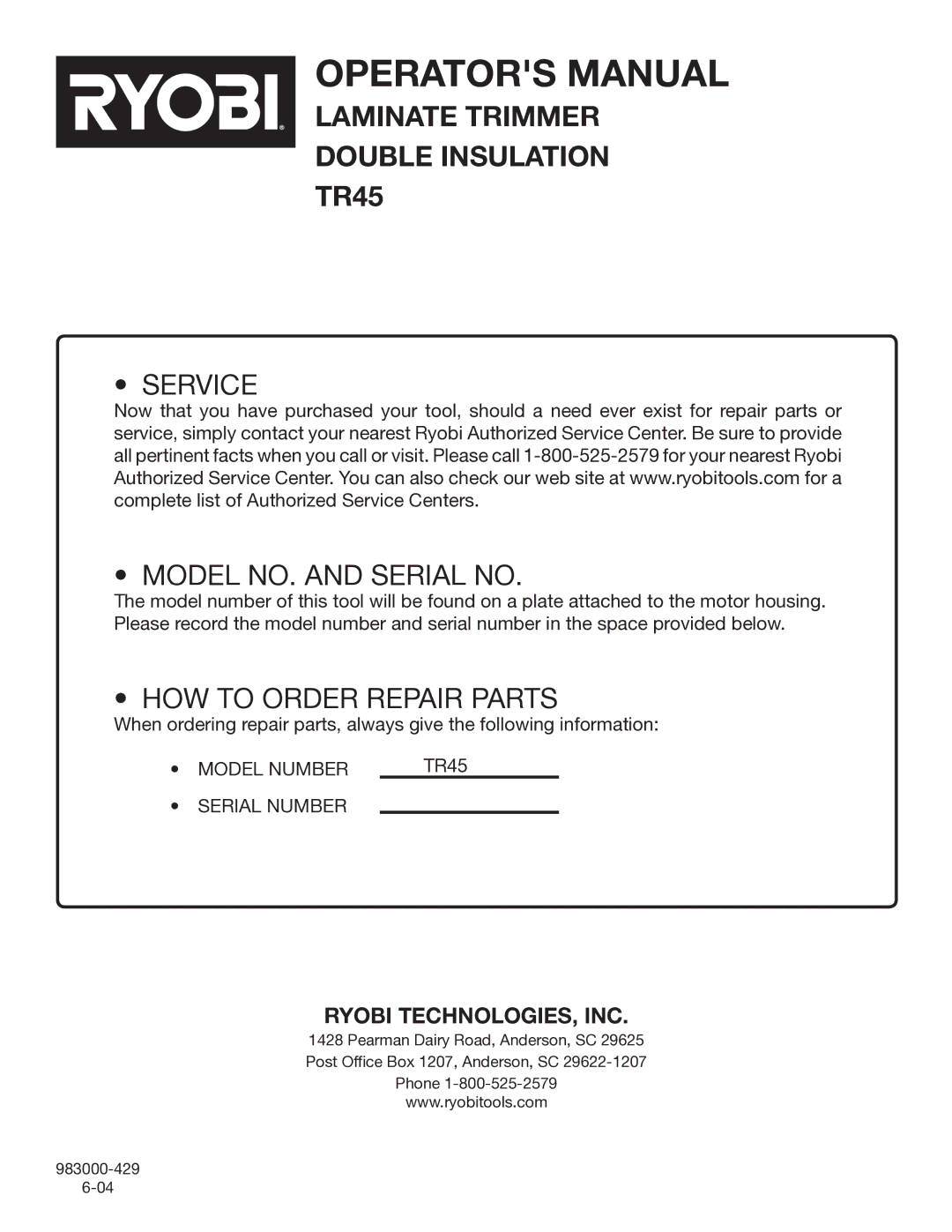 Ryobi TR45 manual Laminate Trimmer Double Insulation 