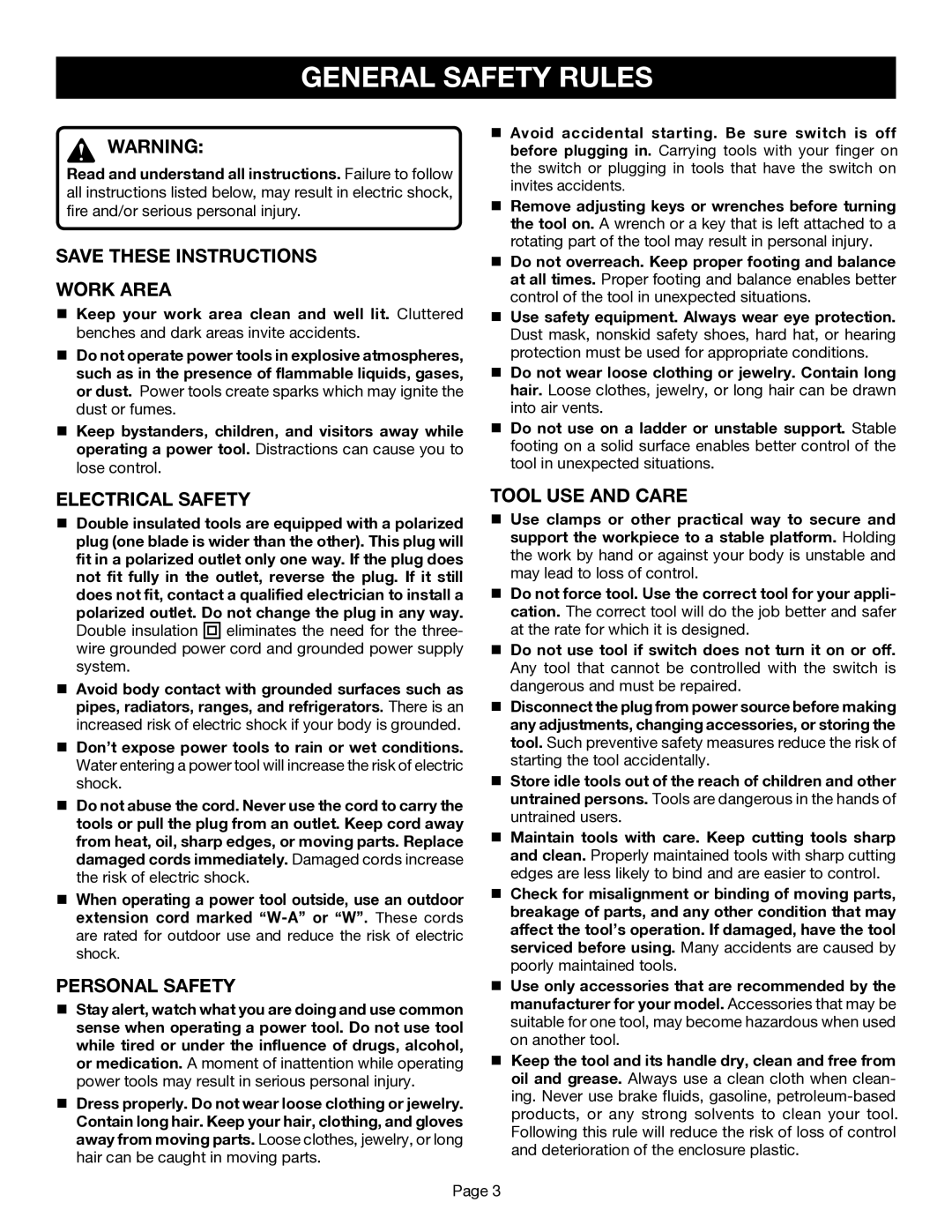 Ryobi TR45 manual General Safety Rules, Work Area, Electrical Safety, Personal Safety, Tool USE and Care 