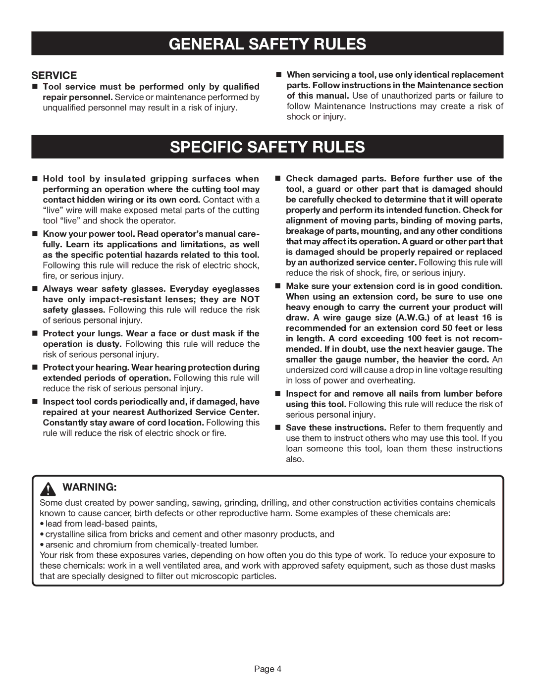 Ryobi TR45 manual Specific Safety Rules, Service 