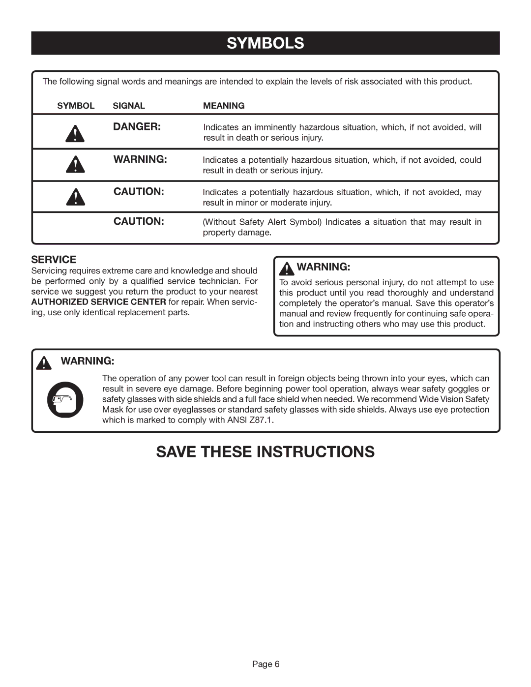 Ryobi TR45 manual Symbol Signal Meaning 