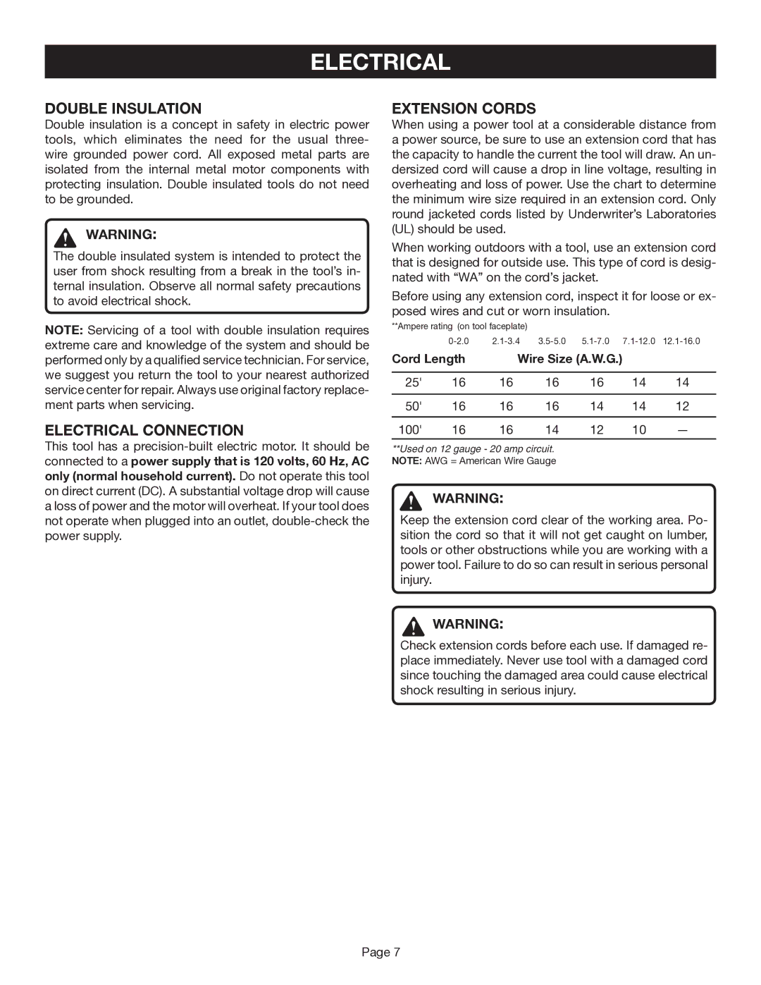 Ryobi TR45 manual Double Insulation, Electrical Connection, Extension Cords 