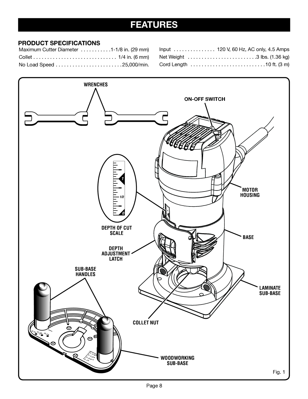 Ryobi TR45 manual Features, Product Specifications, Wrenches ON-OFF Switch Motor Housing 