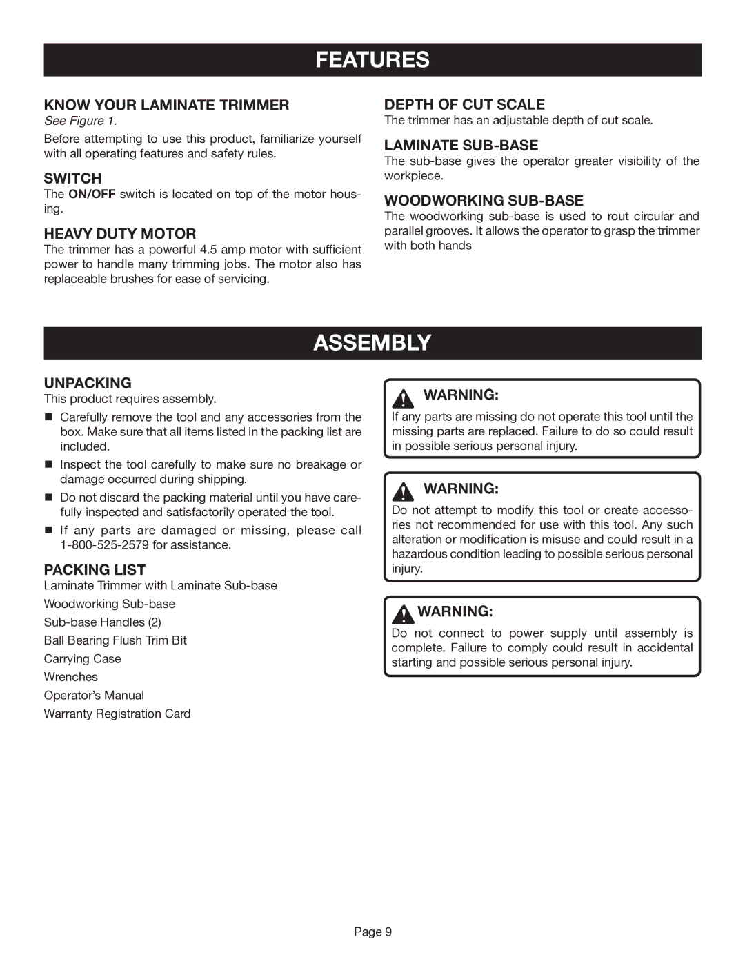 Ryobi TR45 manual Assembly 