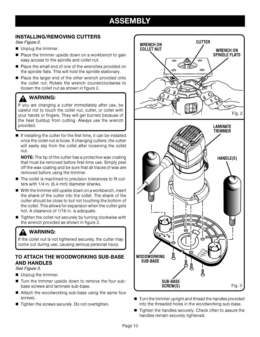 Ryobi TR45K manual INSTALLING/REMOVING Cutters, To Attach the Woodworking SUB-BASE and Handles, Wrench on Cutter Collet NUT 