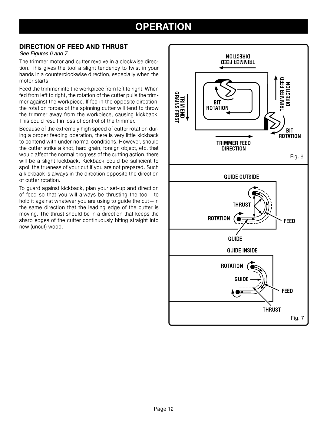 Ryobi TR45K manual Direction of Feed and Thrust, Direction Feed Trimmer, Bit, Trimmer Feed Direction Guide Outside Thrust 