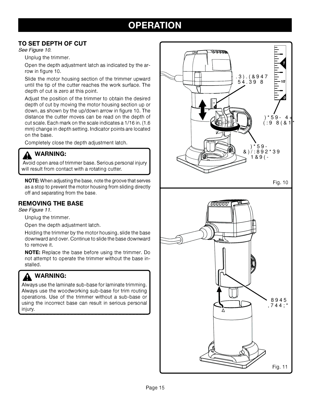 Ryobi TR45K manual To SET Depth of CUT, Removing the Base 