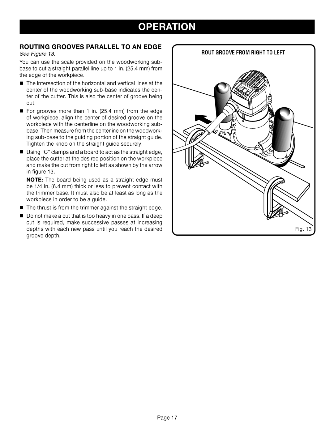 Ryobi TR45K manual Routing Grooves Parallel to AN Edge, Rout Groove from Right to Left 