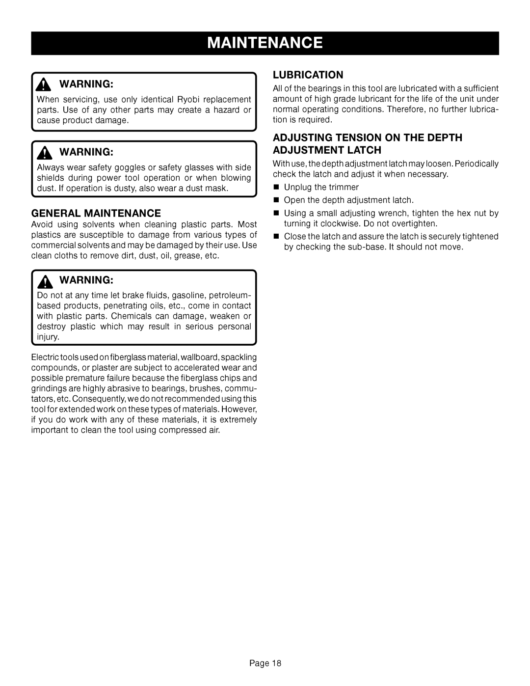 Ryobi TR45K manual General Maintenance, Lubrication, Adjusting Tension on the Depth Adjustment Latch 