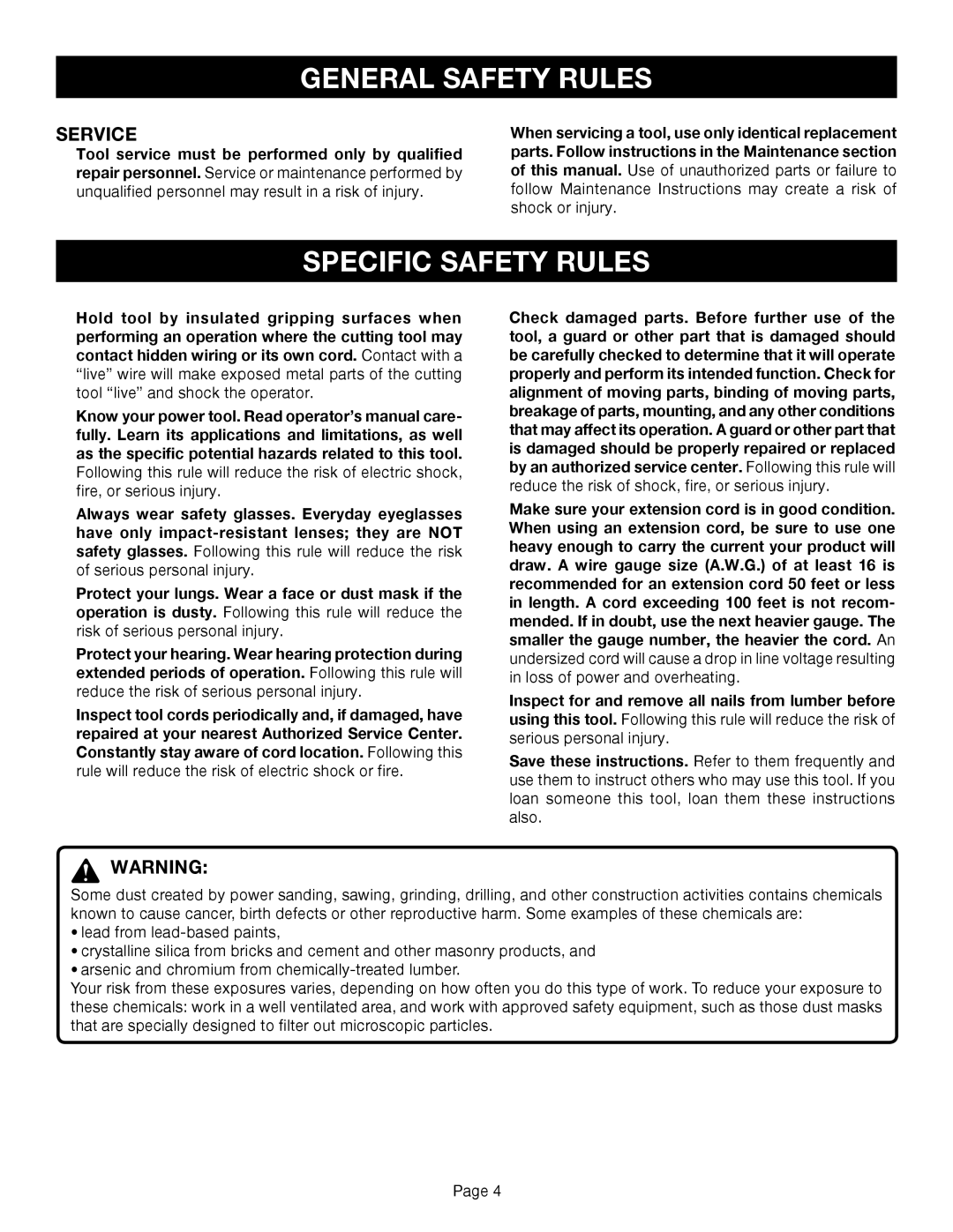 Ryobi TR45K manual Specific Safety Rules, Service 