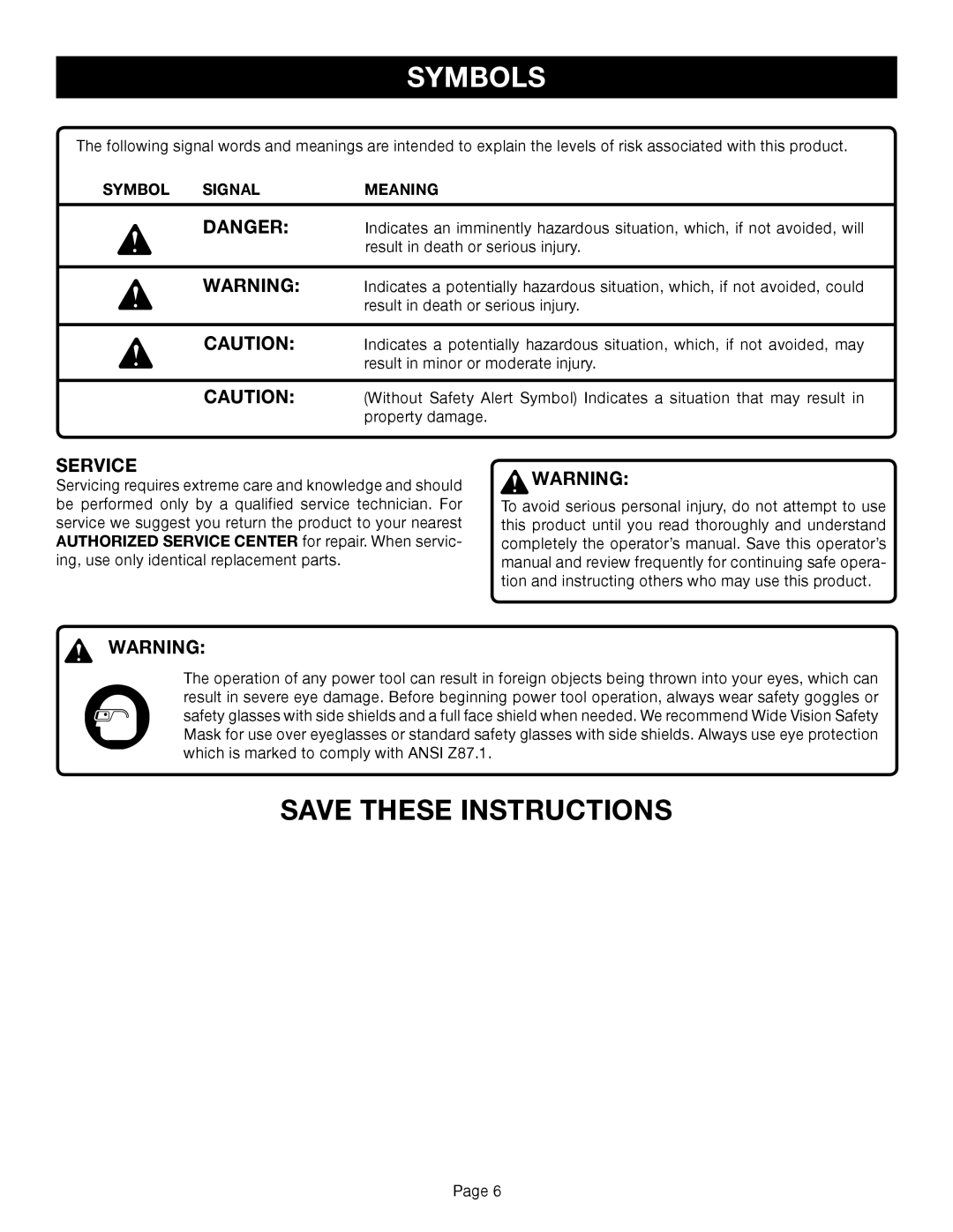 Ryobi TR45K manual Symbol Signal Meaning 