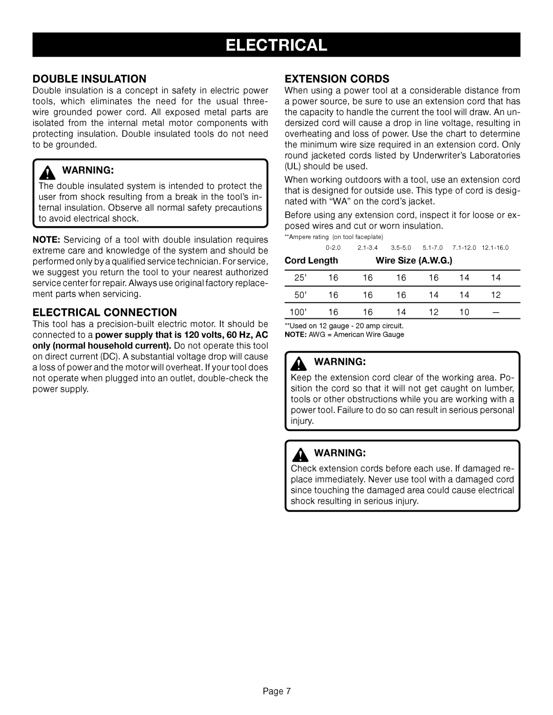 Ryobi TR45K manual Double Insulation, Electrical Connection, Extension Cords 