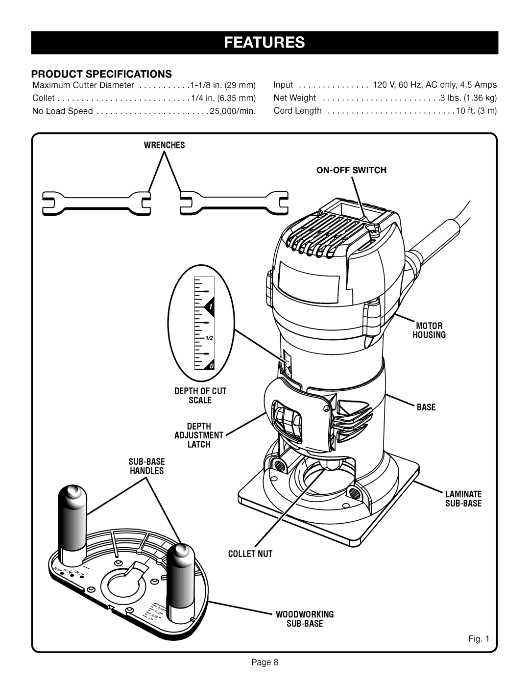 Ryobi TR45K manual Features, Product Specifications, Wrenches ON-OFF Switch Motor Housing 