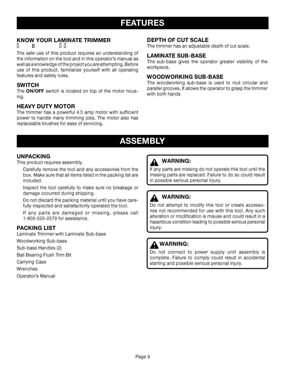 Ryobi TR45K manual Assembly 