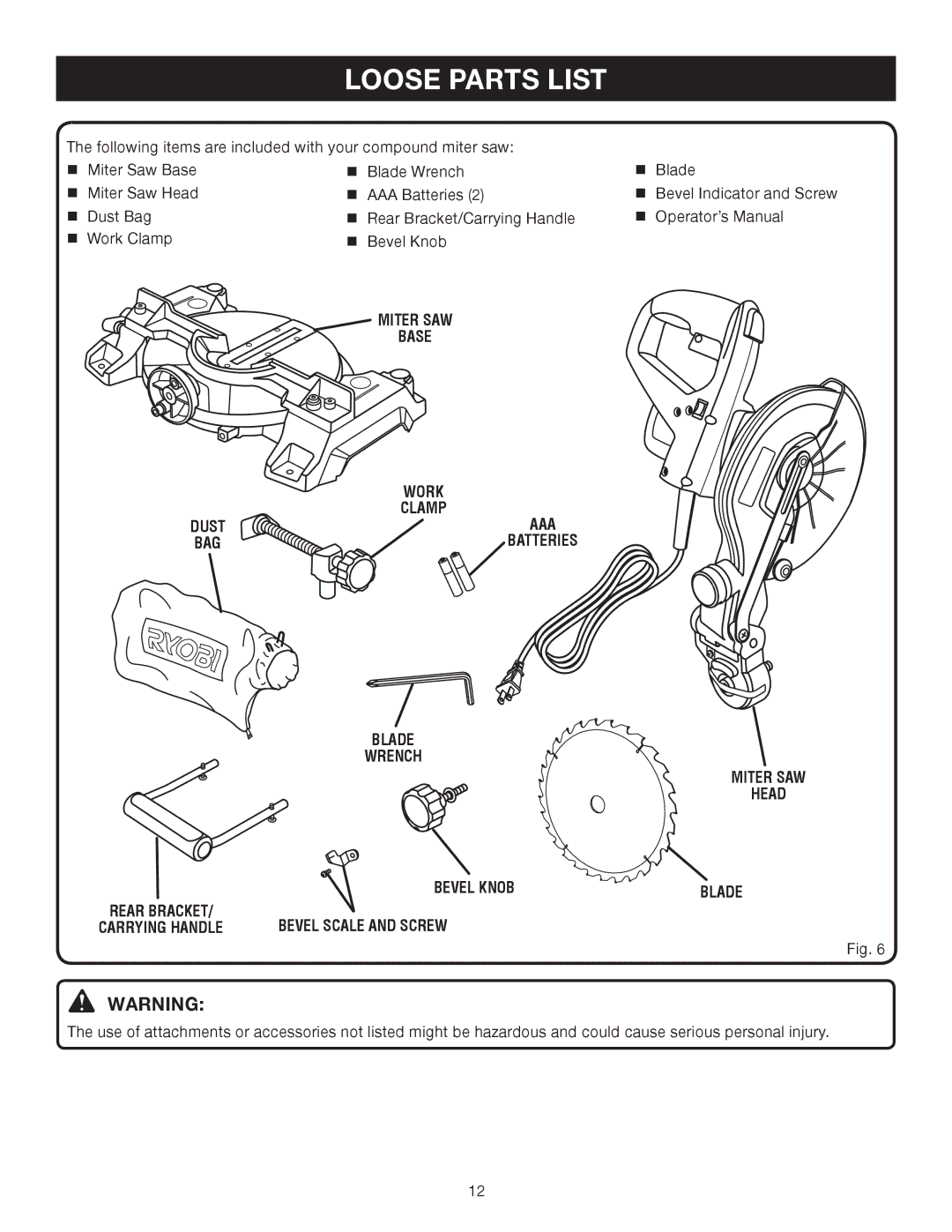 Ryobi TS1141 manual Dust BAG, Miter saw Head Blade Rear bracket Carrying handle 