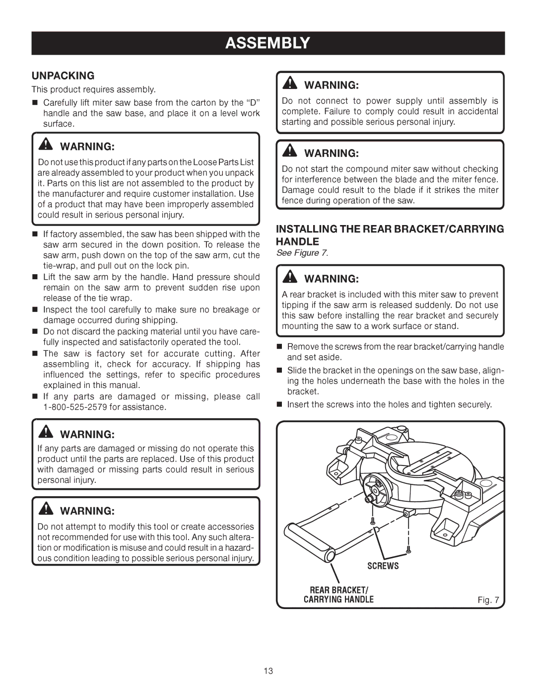 Ryobi TS1141 manual Assembly, Unpacking, Installing the rear bracket/carrying handle, Screws Rear bracket Carrying handle 