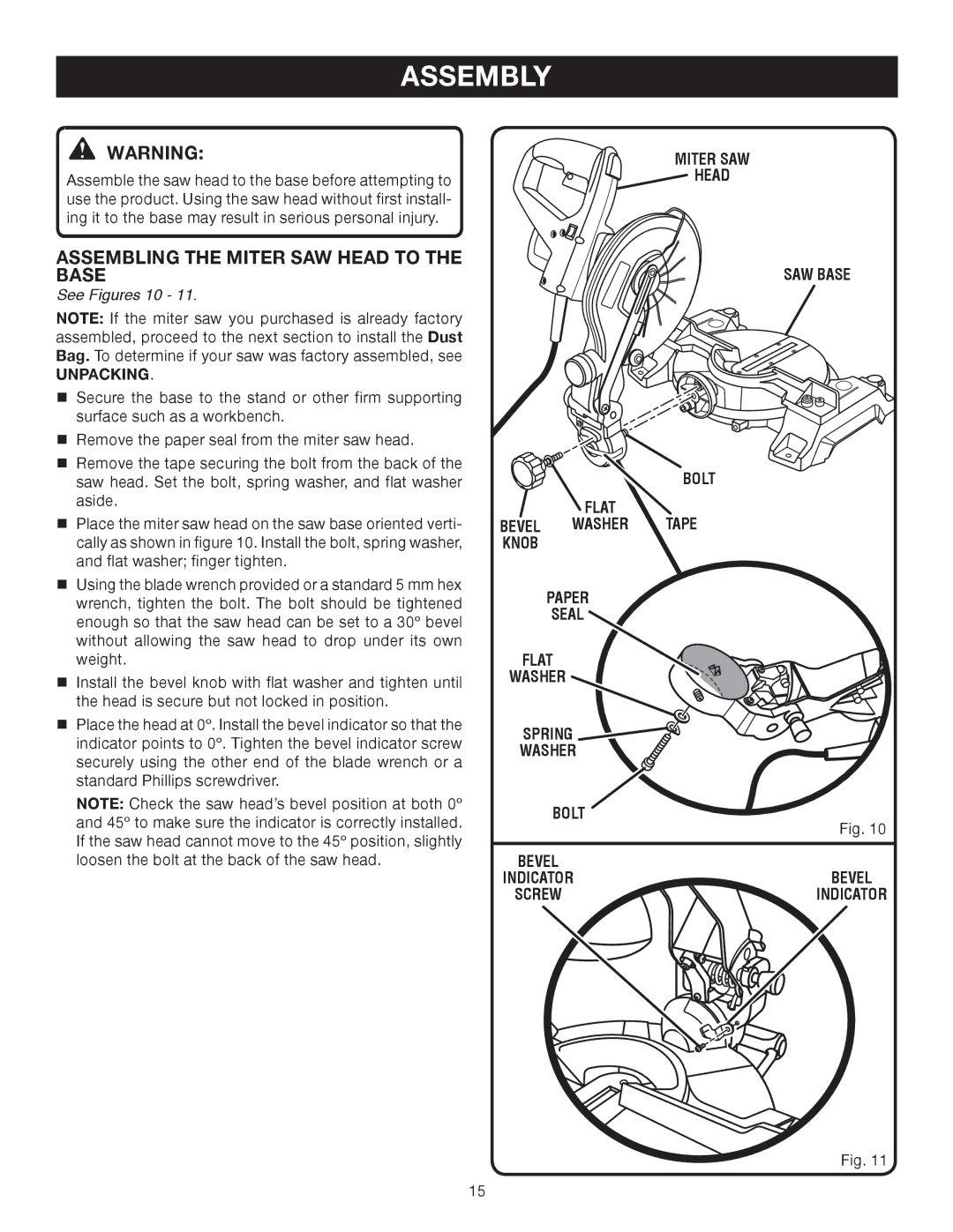 Ryobi TS1141 manual Assembling the miter saw head to the base, See Figures 10, Unpacking, Indicator Bevel Screw 