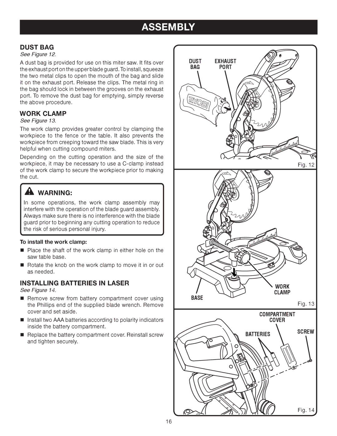 Ryobi TS1141 manual Dust BAG, Work Clamp, INSTALLing Batteries in Laser 