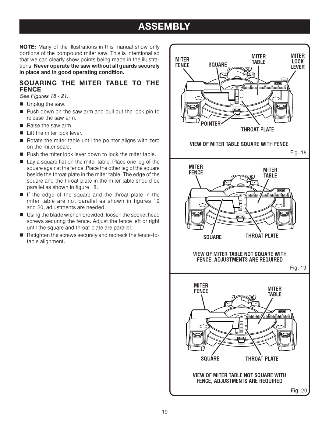 Ryobi TS1141 manual Squaring the Miter Table to the Fence, See Figures 18 