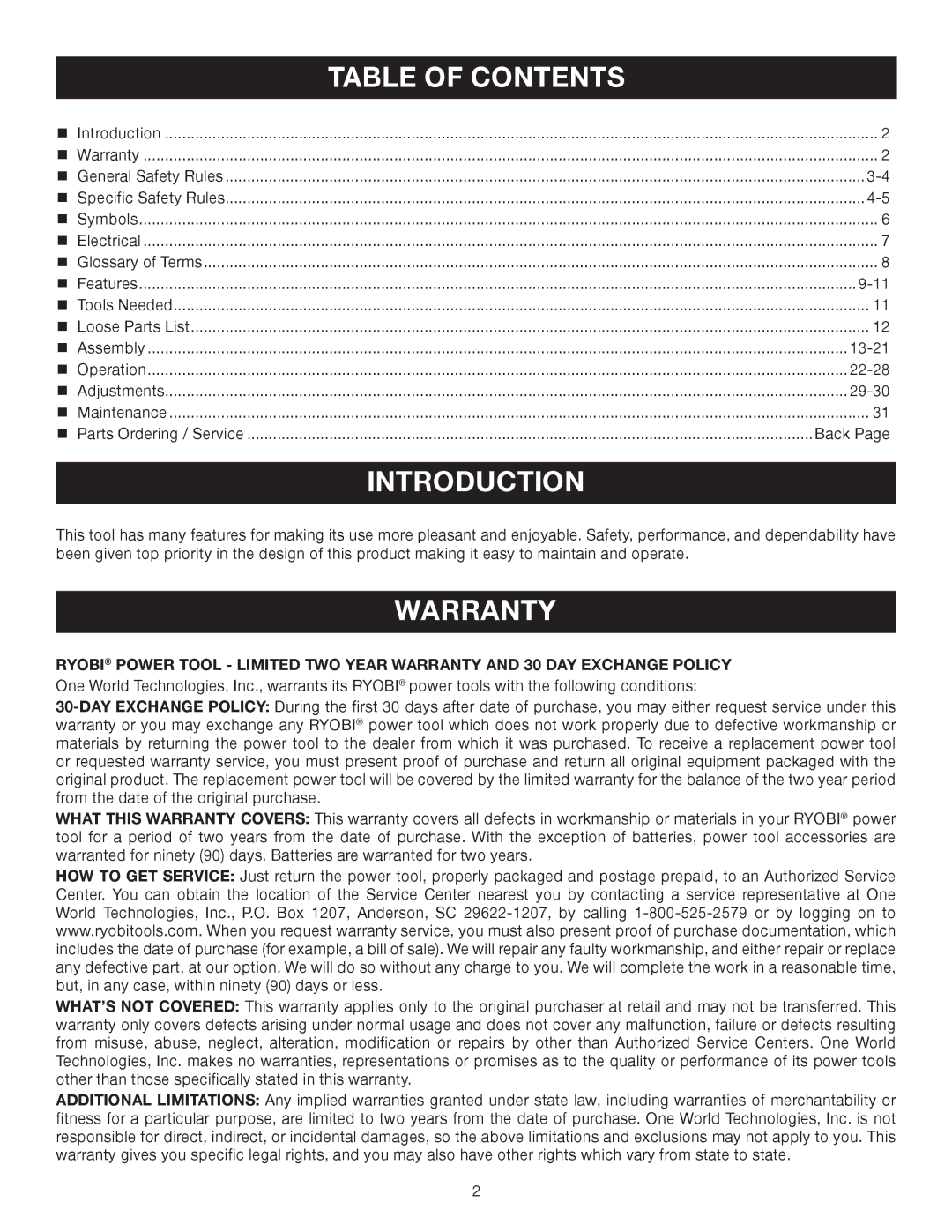 Ryobi TS1141 manual Introduction, Table of Contents 