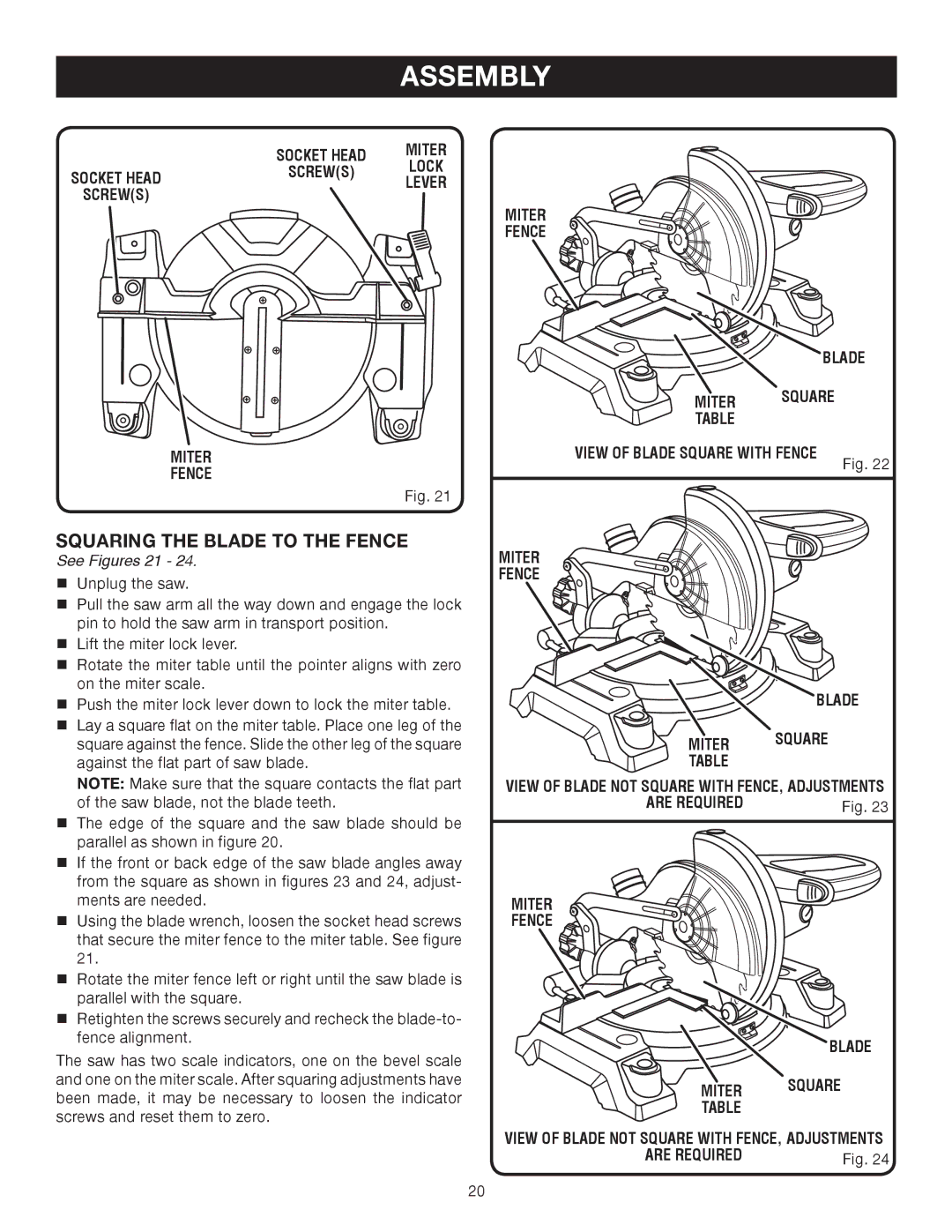 Ryobi TS1141 manual Squaring the Blade to the Fence, See Figures 21 