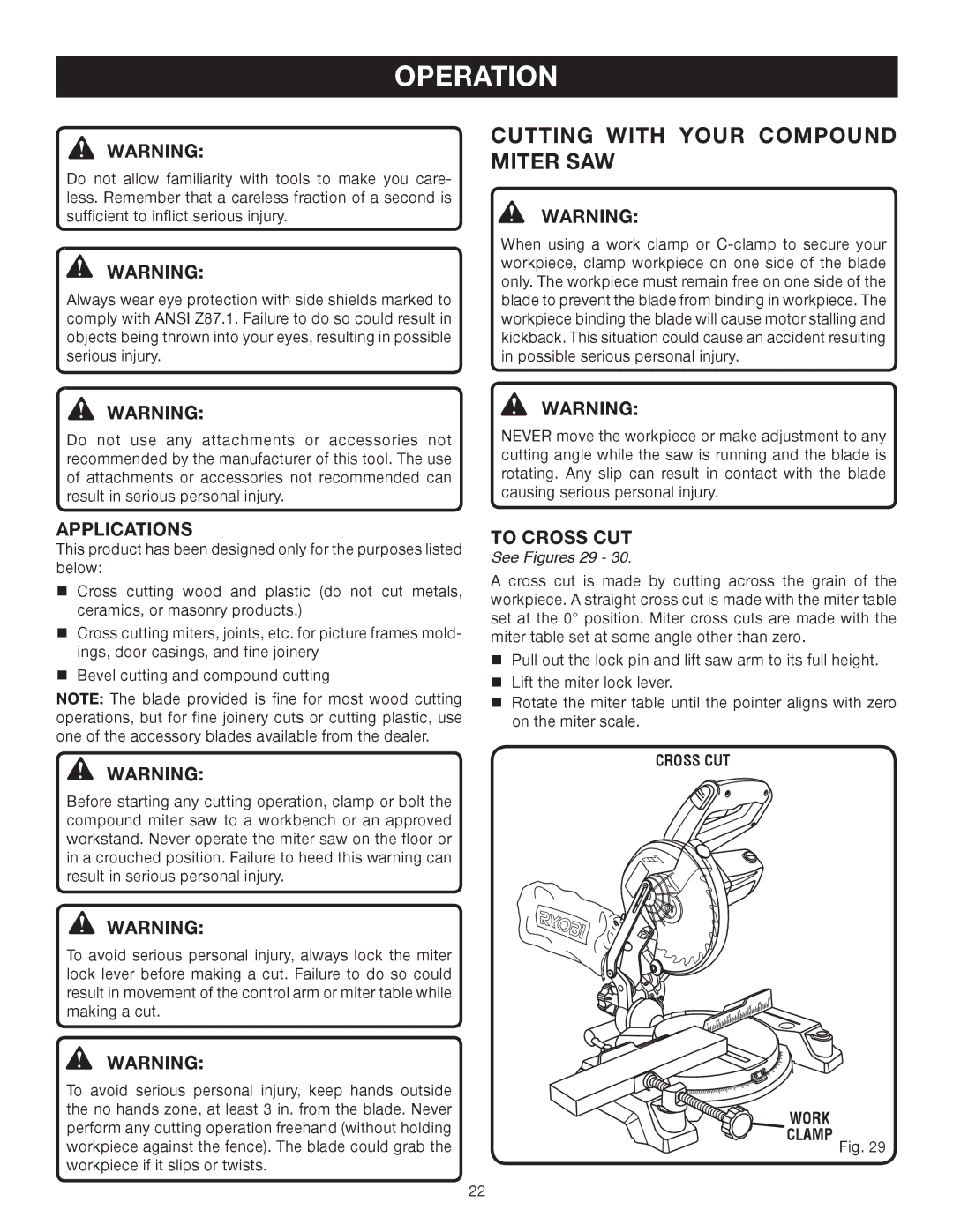 Ryobi TS1141 manual Operation, Applications, To Cross cut, See Figures 29, Cross CUT 