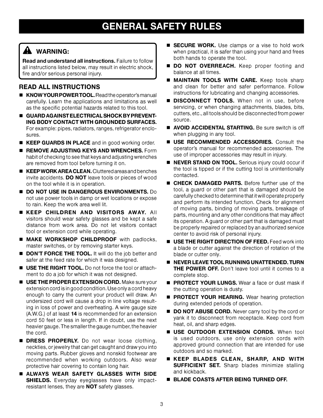 Ryobi TS1141 manual General Safety Rules, Read ALL Instructions 