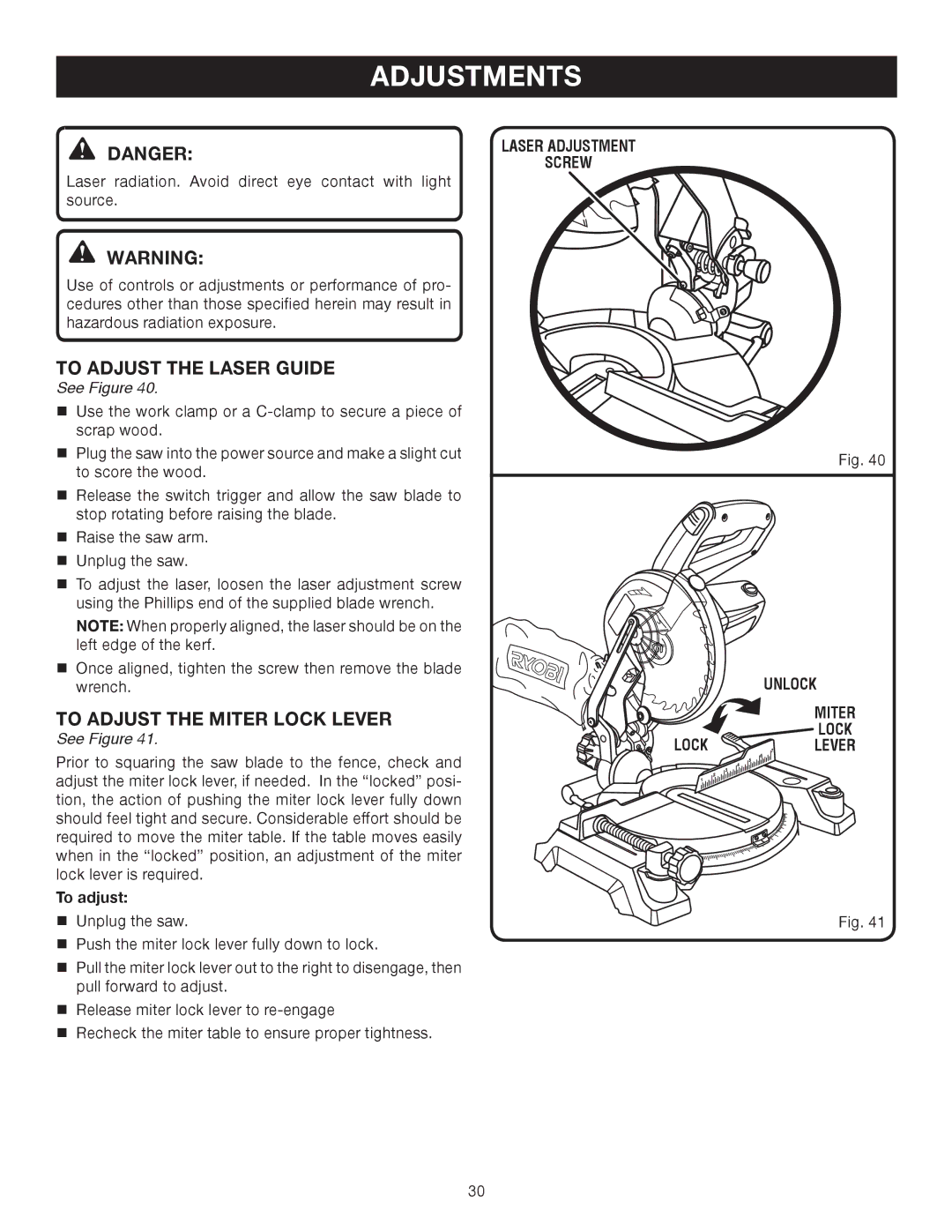 Ryobi TS1141 To Adjust the Laser Guide, To adjust the miter lock lever, Laser adjustment Screw Unlock Miter Lock Lever 