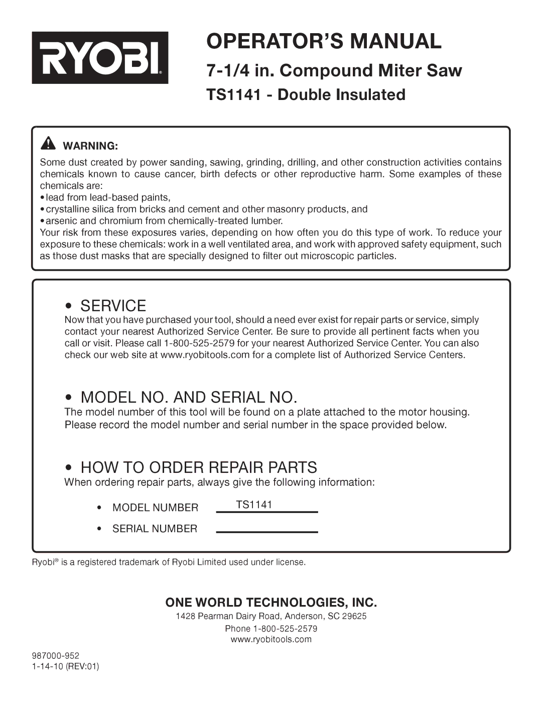 Ryobi TS1141 manual Service Model NO. and Serial no 