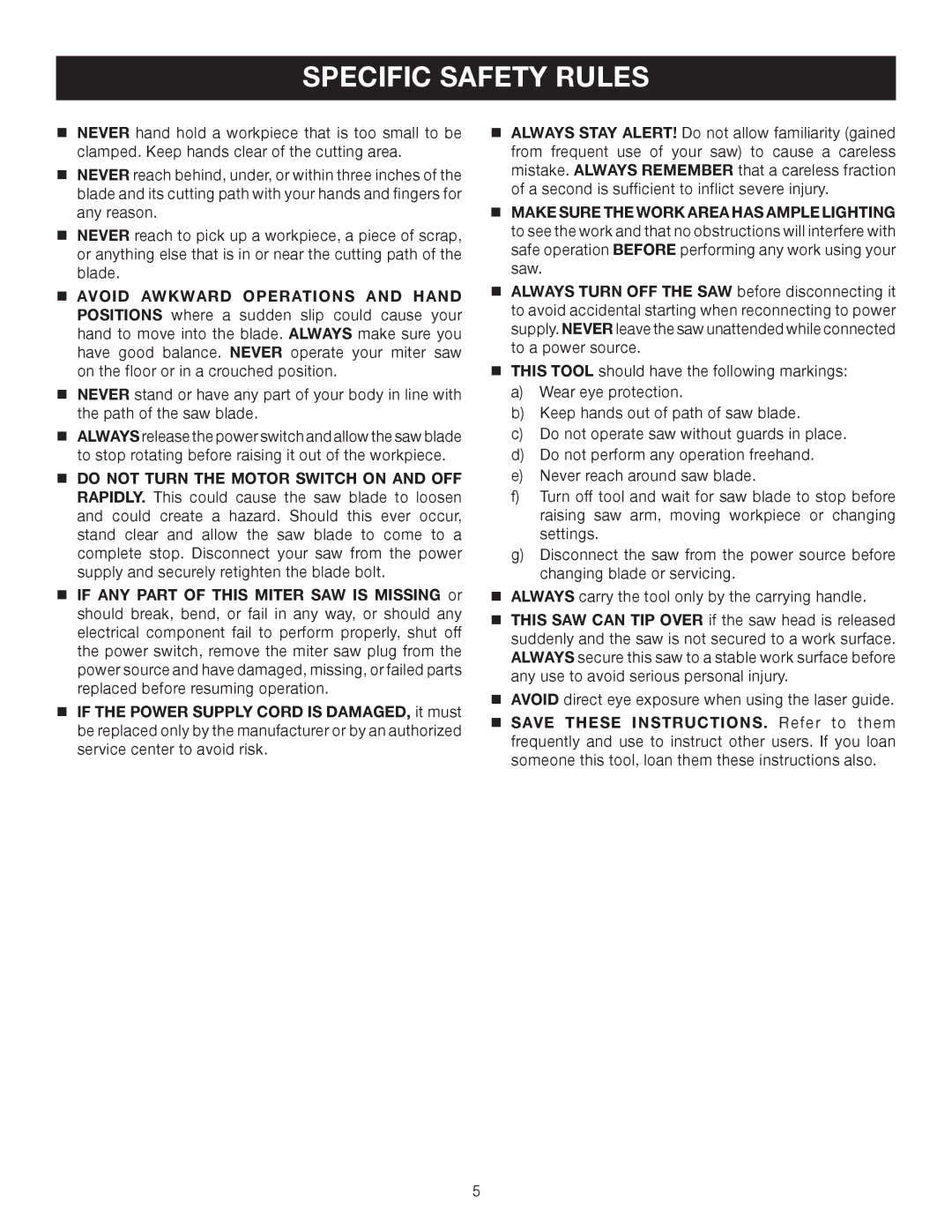 Ryobi TS1141 manual Specific Safety Rules 