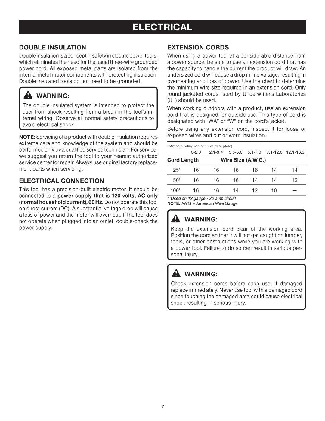 Ryobi TS1141 manual Double Insulation, Electrical Connection, Extension Cords, Cord Length Wire Size A.W.G 