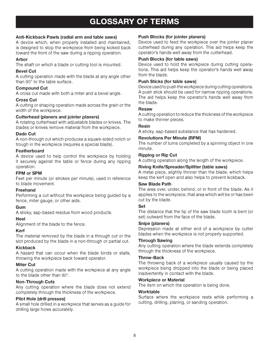 Ryobi TS1141 manual Glossary of Terms 