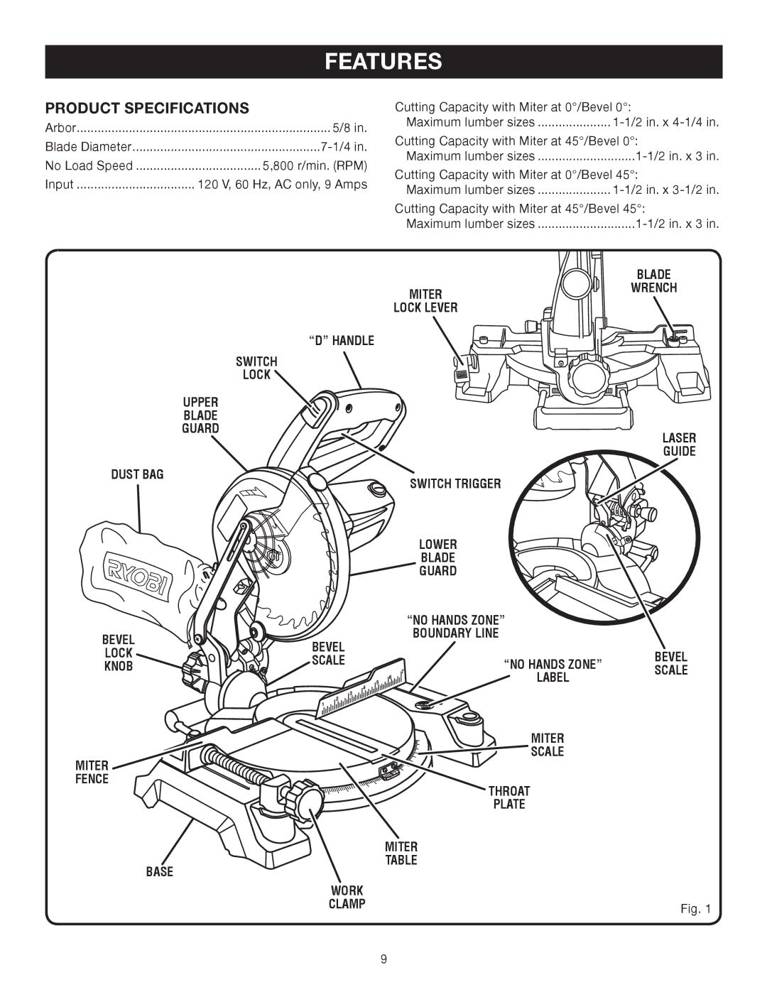 Ryobi TS1141 manual Features, Product Specifications, Blade Wrench, Work Clamp 