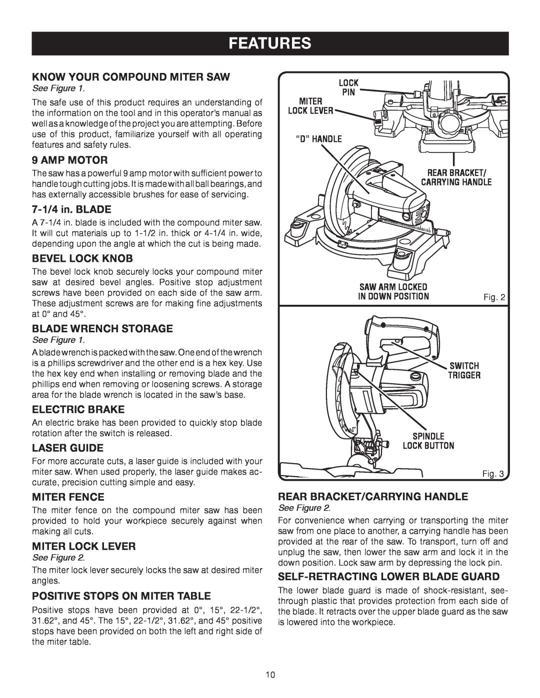 Ryobi TS1141 manual Features, Know Your Compound Miter Saw 