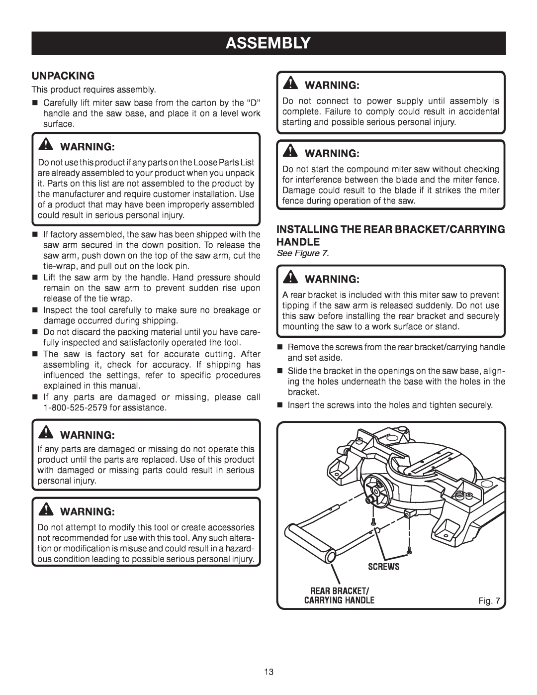 Ryobi TS1141 manual Assembly, Unpacking, installing the rear bracket/carrying handle, See Figure 