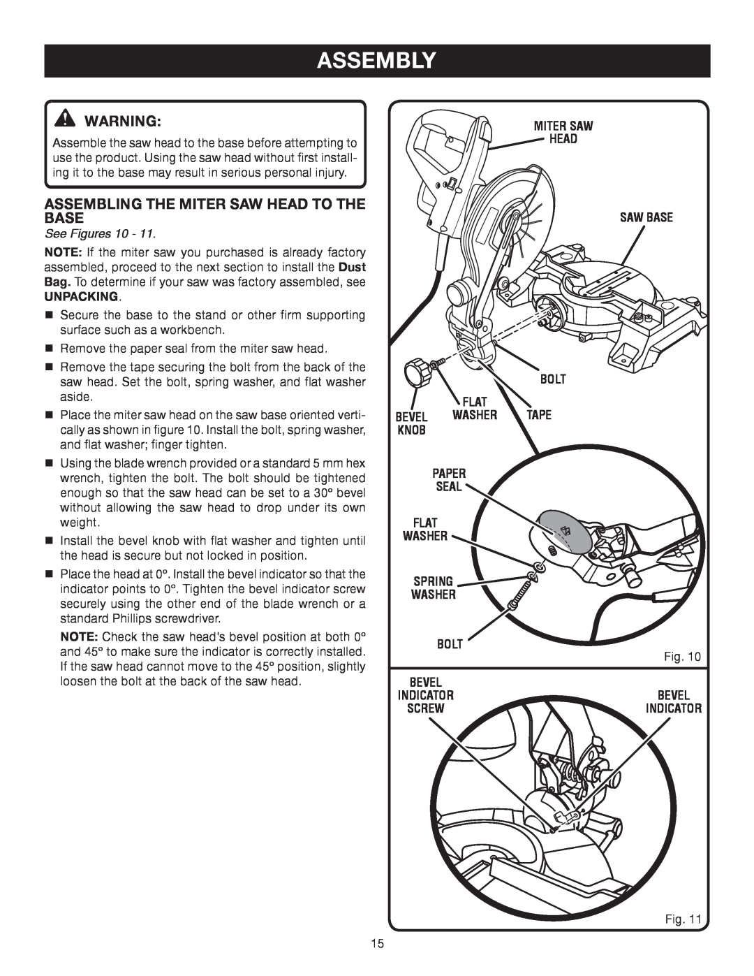 Ryobi TS1141 manual Assembly, assembling the miter saw head to the base, See Figures 10 