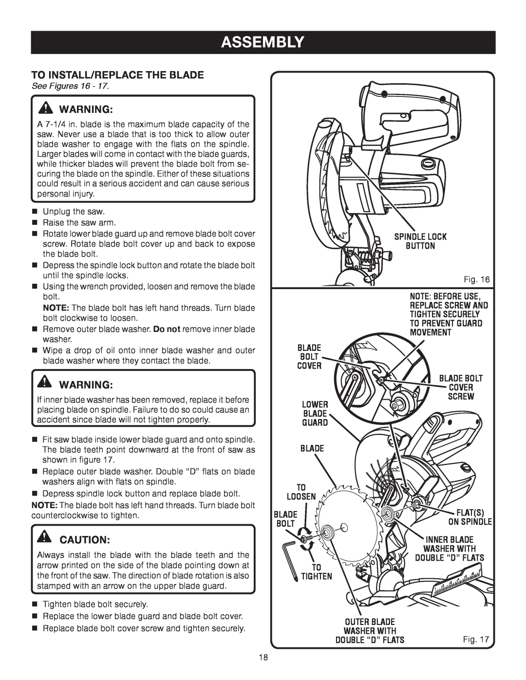 Ryobi TS1141 manual Assembly, To Install/replace the Blade, See Figures 16 