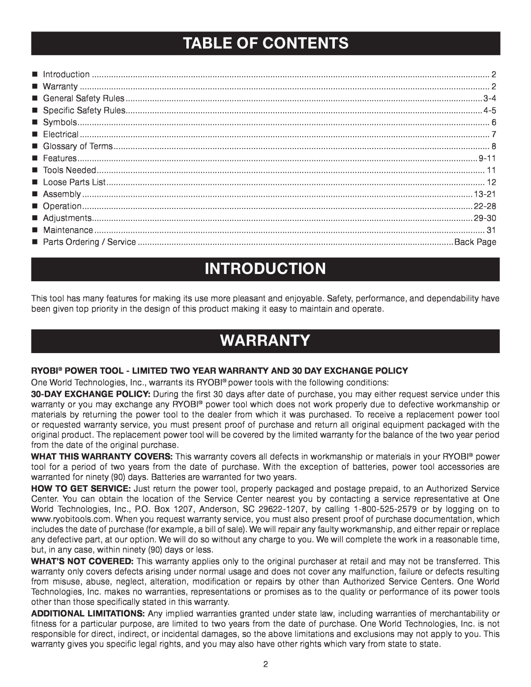 Ryobi TS1141 manual Introduction, warranty, Table Of Contents 