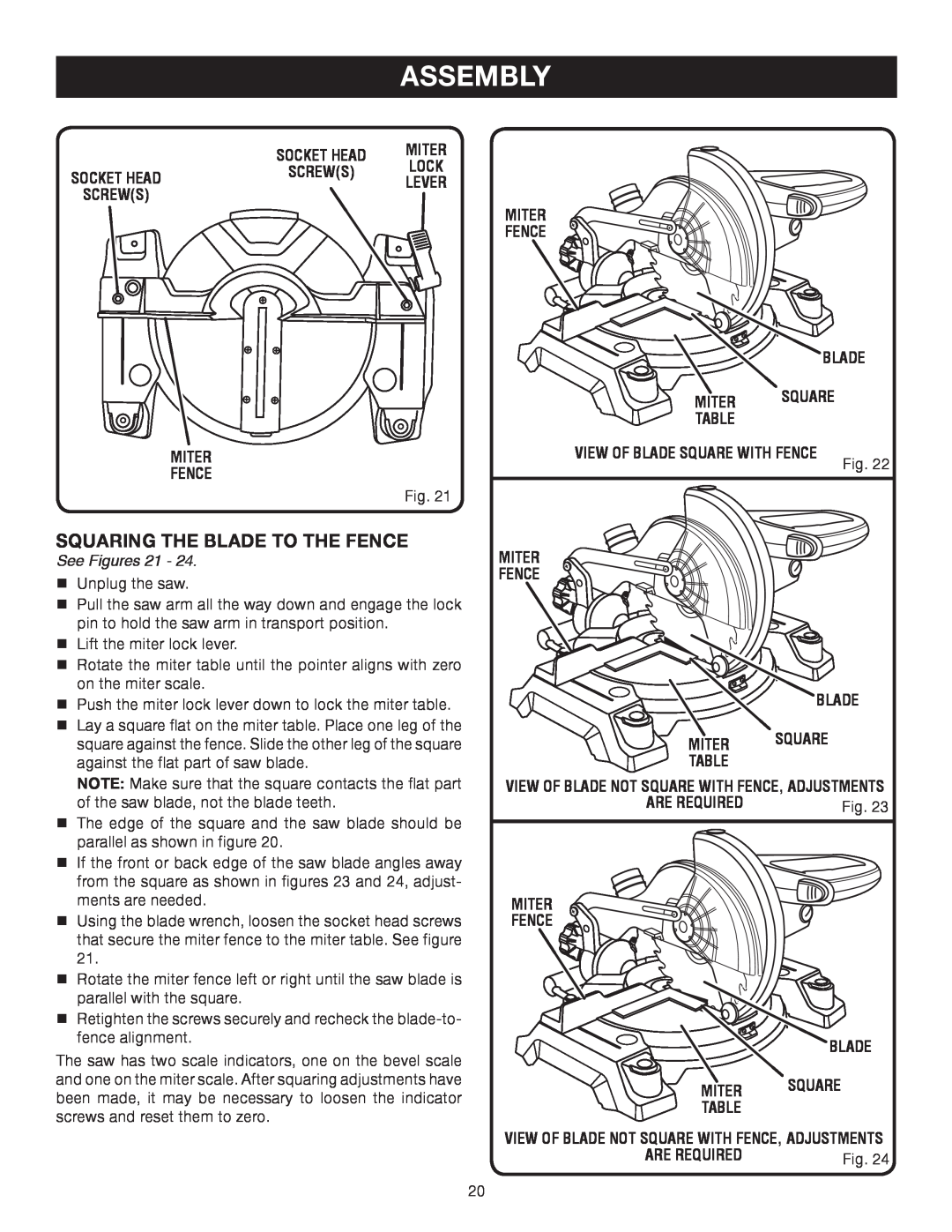 Ryobi TS1141 manual Assembly, Squaring The Blade To The Fence, See Figures 21 